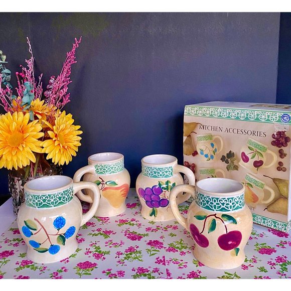Alco Belaggio 4 mugs, NEW, ceramic, mug set, 20 OZ, decorated w fruit/flowers - Picture 10 of 13